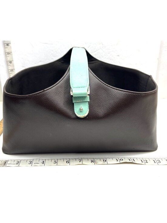 N/A Other - Brown Faux Leather Basket Organizer W/ Teal Handle 15"x8"x7" Preowned C132